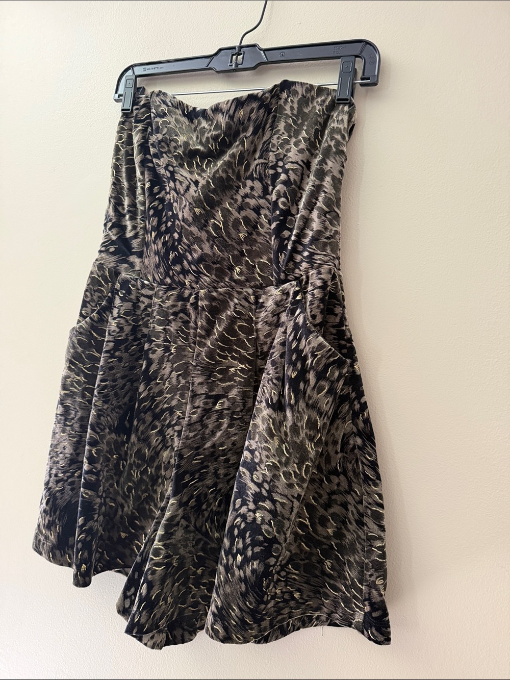 NYMPHE Strapless Velvet Fit-and-Flare Romper in Olive and Black
